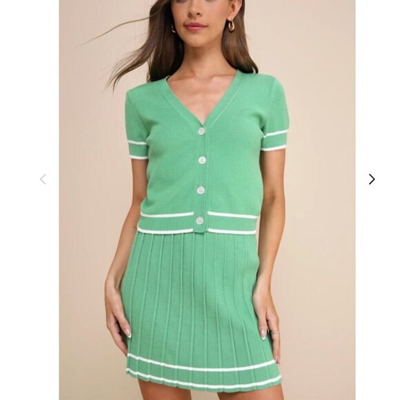 Lulus Marvelously Chic Knit Pleated High-Rise Mini Skirt Set Green Size M/L - Picture 2 of 9
